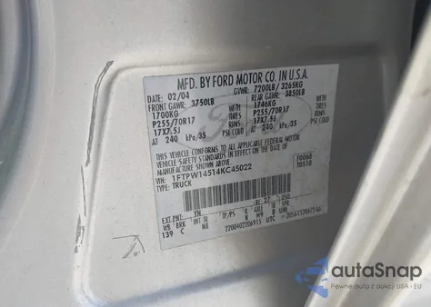 2004 Ford F-150 Fx4/Lariat/Xlt z USA, uszkodzony, nr VIN 1FTPW14514KC45022